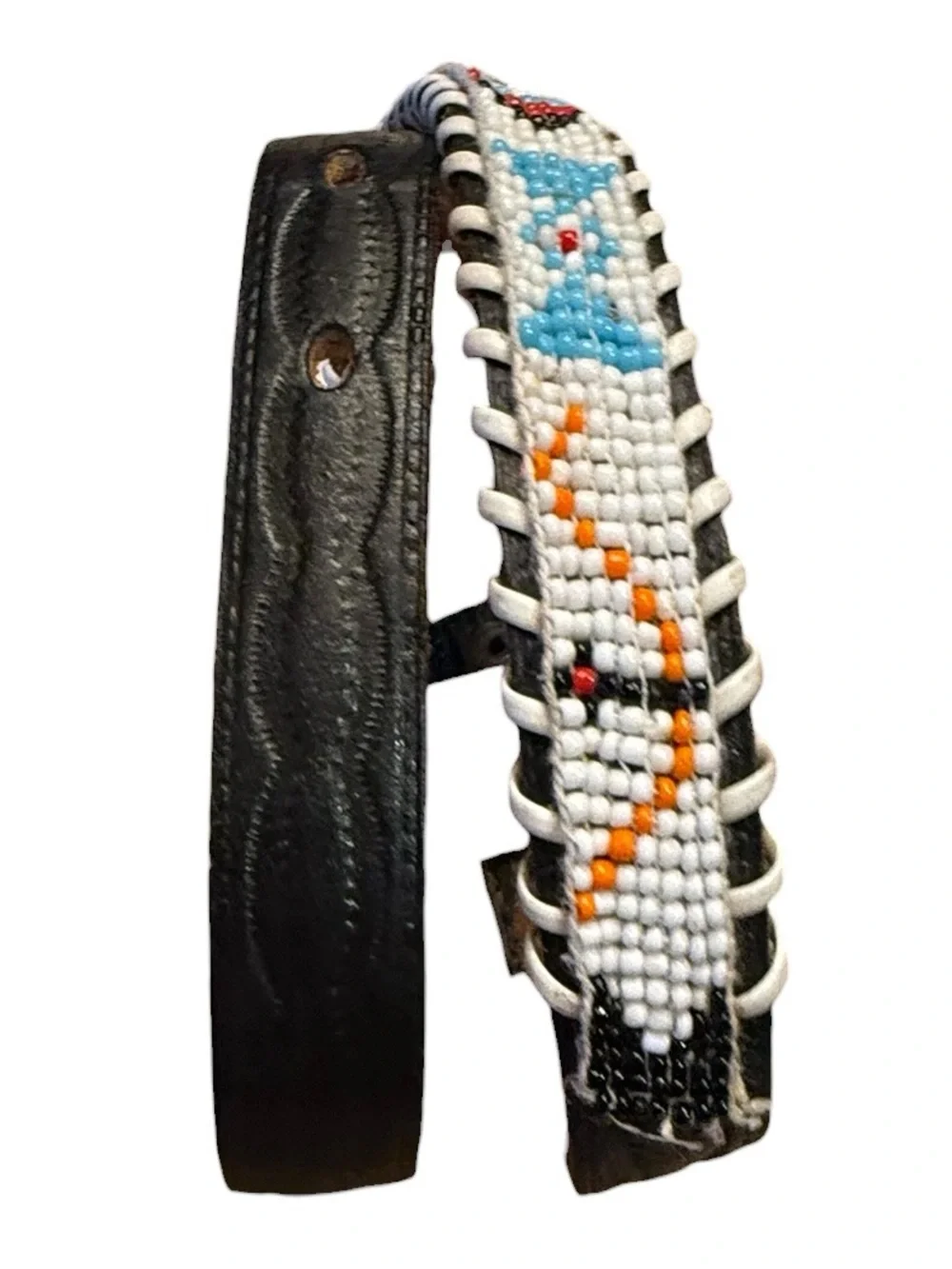 Vintage Hand Beaded Youth 28” Long Black Tooled leather Belt